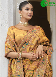 Orange Color Silk Resham Embroidered And Printed Work Traditional Khatli Work Saree